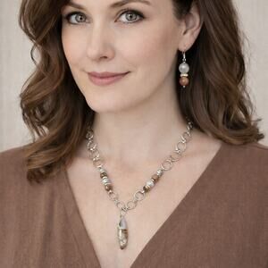 Crazy Lace Agate 2" Marquise Cabochon 20 inch Brwon White Silver wire